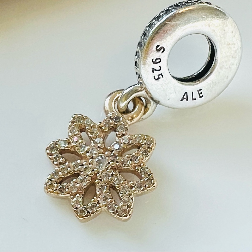 Exquisite Pandora 14K Gold & Sterling 2-Tone Lace Botanique Dangle Charm RARE